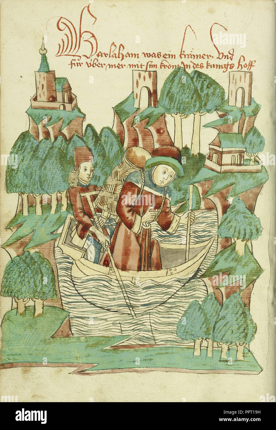 Barlaam, Carrying a Shoulder Pack, Crosses a River; Follower of Hans Schilling, German, active 1459 - 1467) Stock Photo