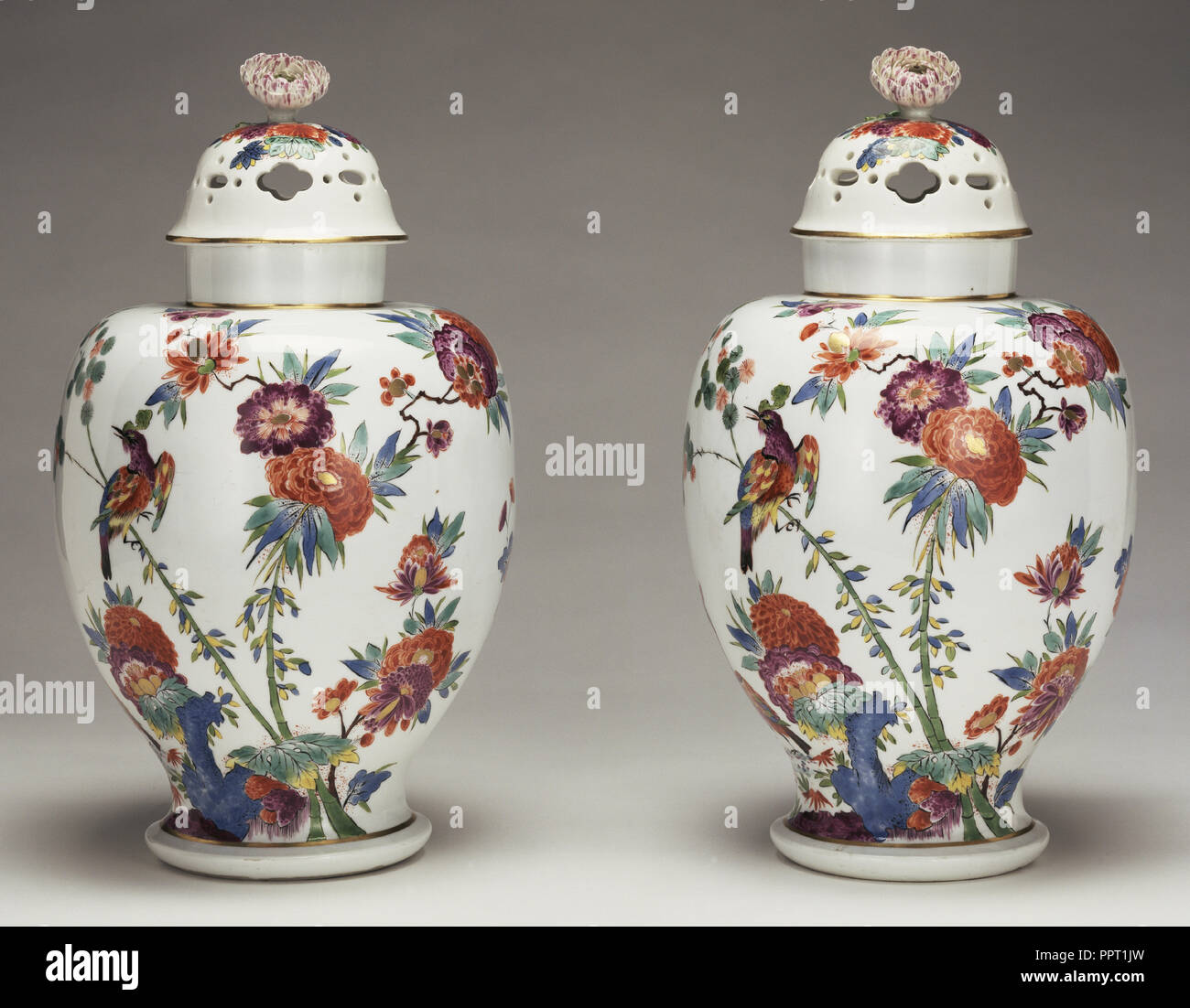 Pair of Lidded Vases; Meissen Porcelain Manufactory, German, active 1710 - present, Meissen, Germany; before 1733; lids Stock Photo