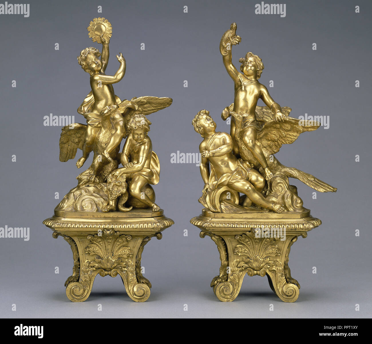 Pair of Firedogs; about 1700; Gilt bronze Stock Photo
