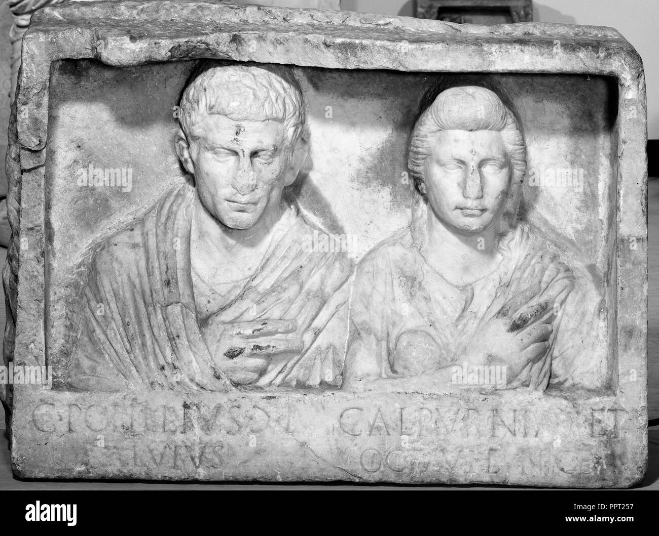 Funerary Relief with Busts of Popillius and Calpurnia; Roman Empire; 1 - 20; Marble; 65 × 96 × 24 cm Stock Photo