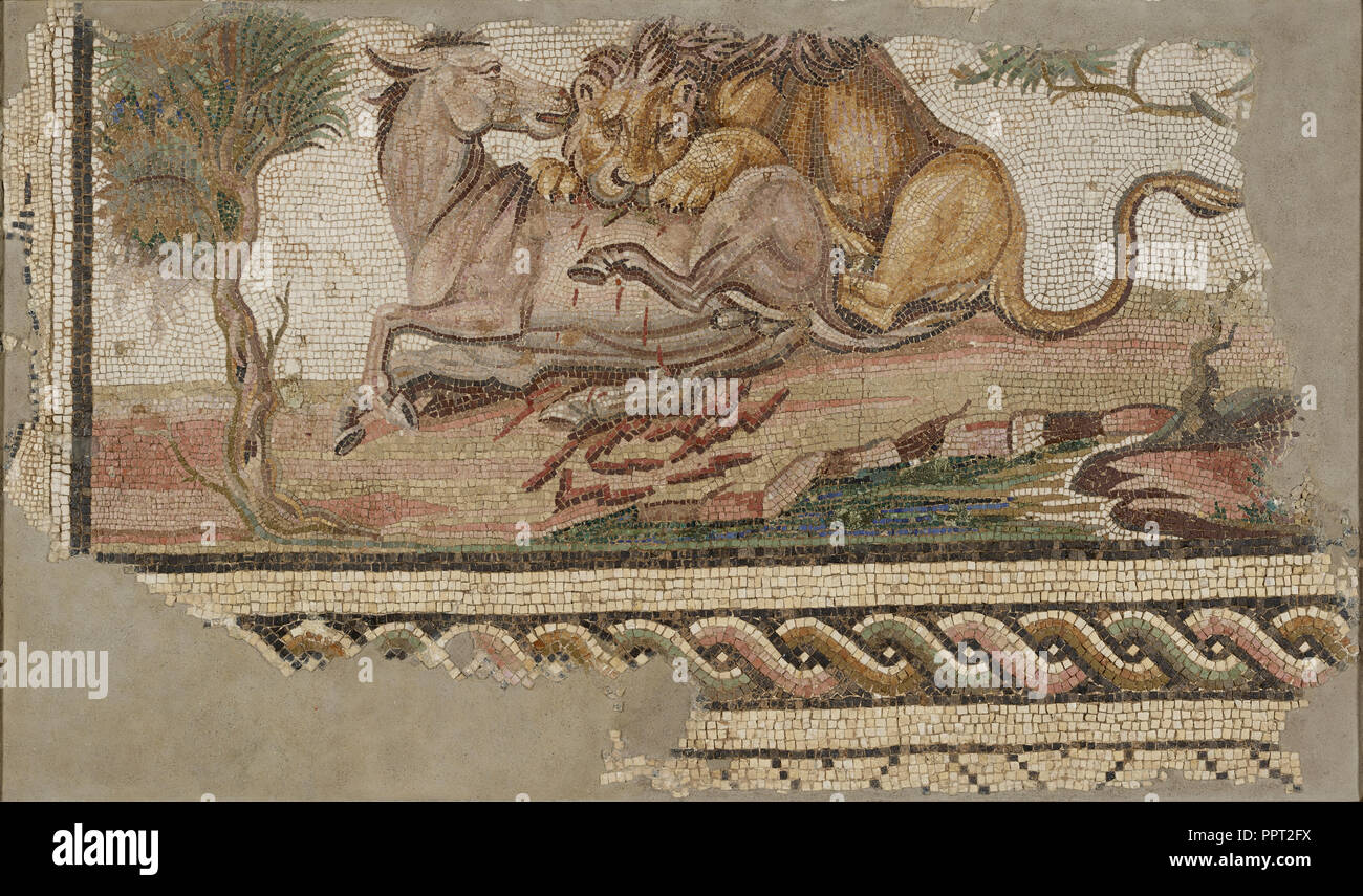 Floor Mosaic with a Lion Attacking an Onager; Tunisia; A.D. 150–200; Stone and glass tesserae; 98.4 × 160 × 7.6 cm Stock Photo
