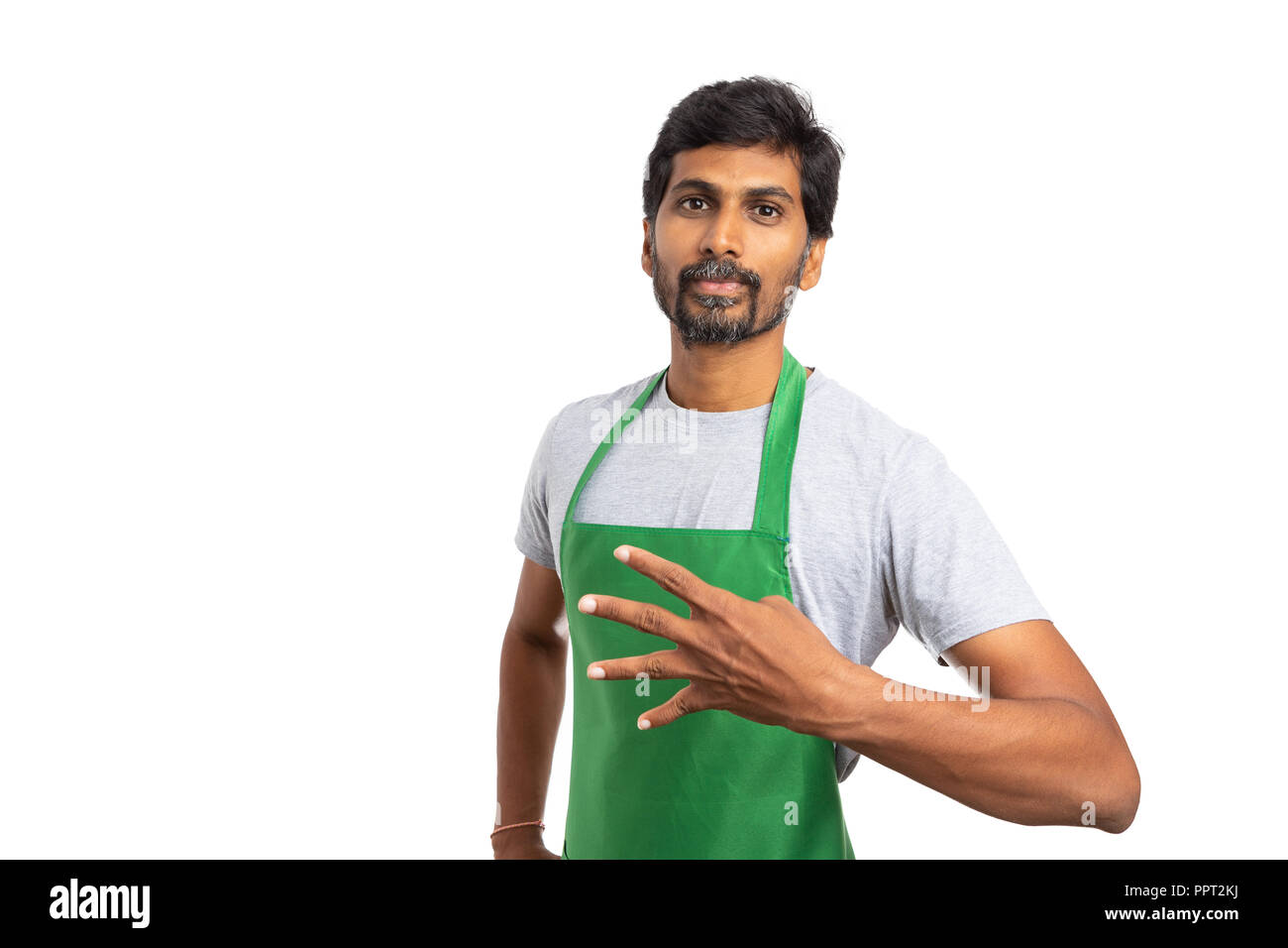 Indian supermarket or hypermarket employee showing number four gesture