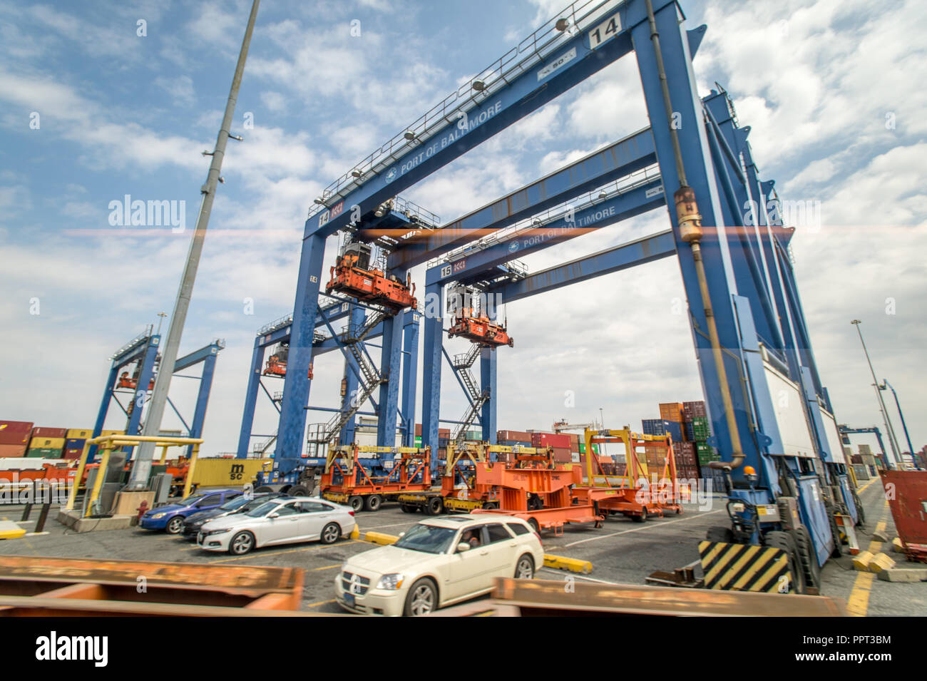 Ship to shore cranes lined up at the port of Baltimore in Maryland. Stock Photo