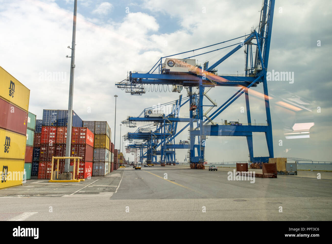 Ship to shore cranes lined up at the port of Baltimore in Maryland. Stock Photo