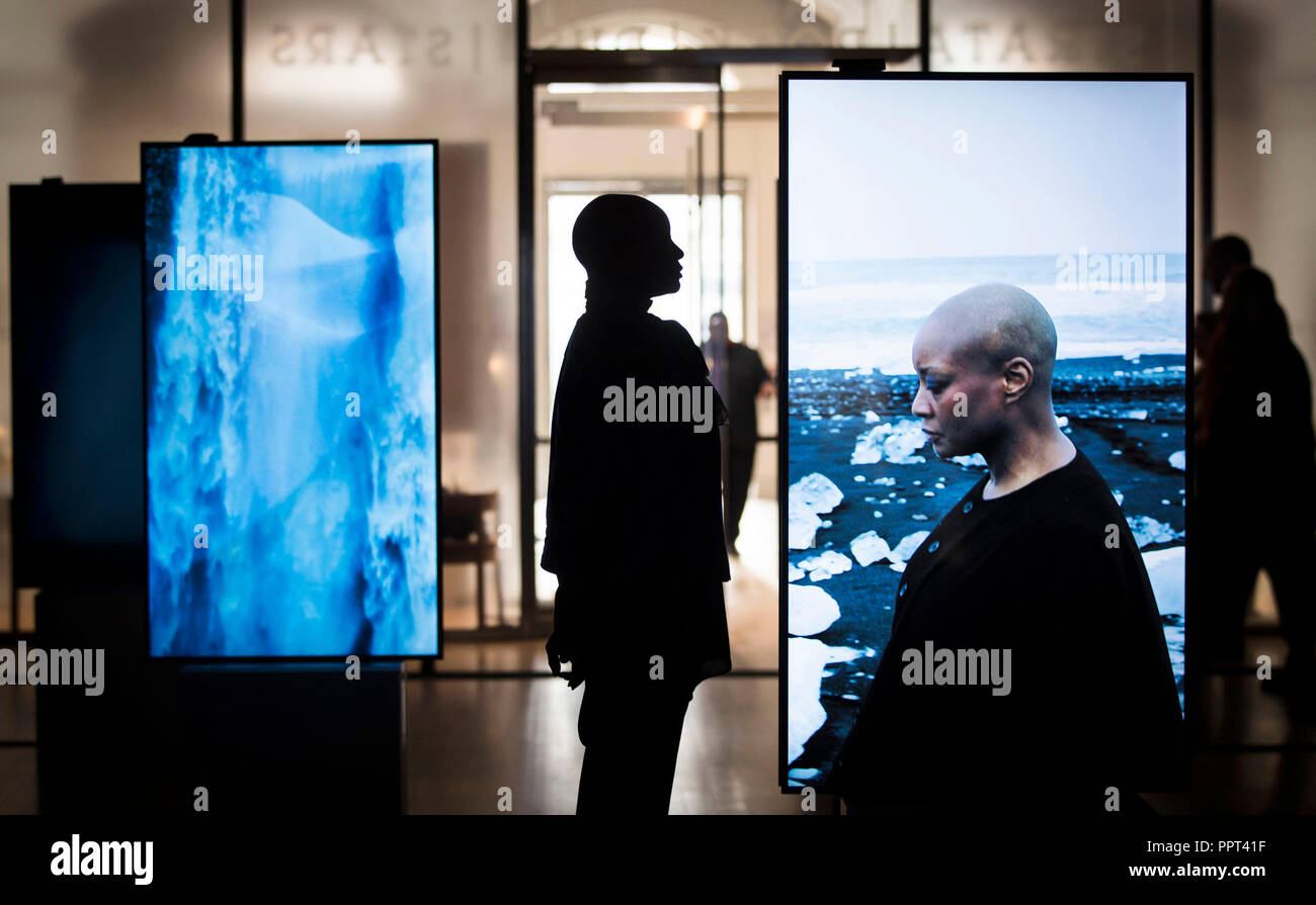 Vanessa Myrie views an art installation titled Stones Against Diamonds by artist Isaac Julie at the York Art Gallery ahead of York Mediale, a new international media art festival which aims to bring world premiere commissions from leading artists to the city and provide a new platform for emerging talent to showcase their art. Stock Photo