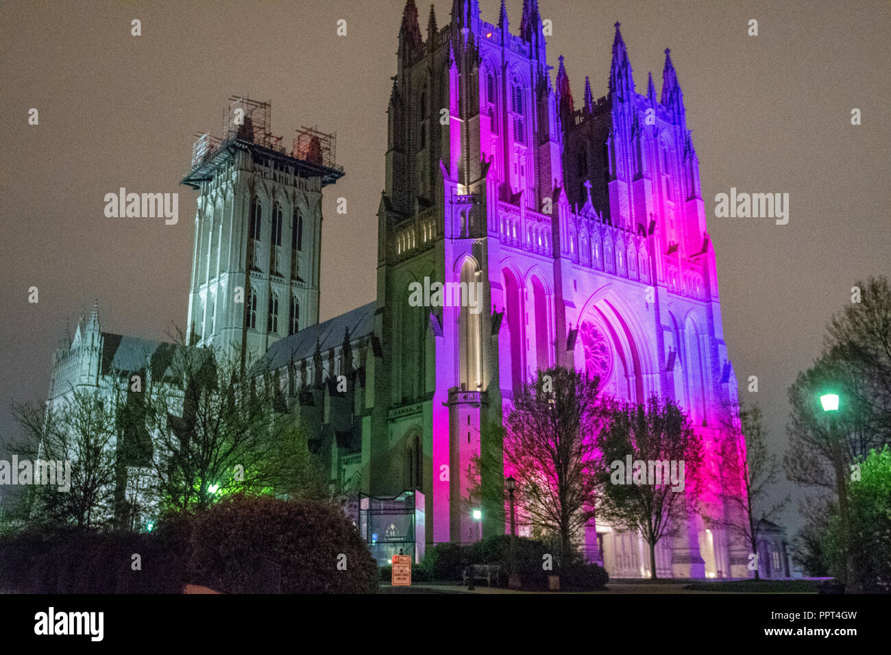 The National Cathedral lit with color at night Stock Photo Alamy