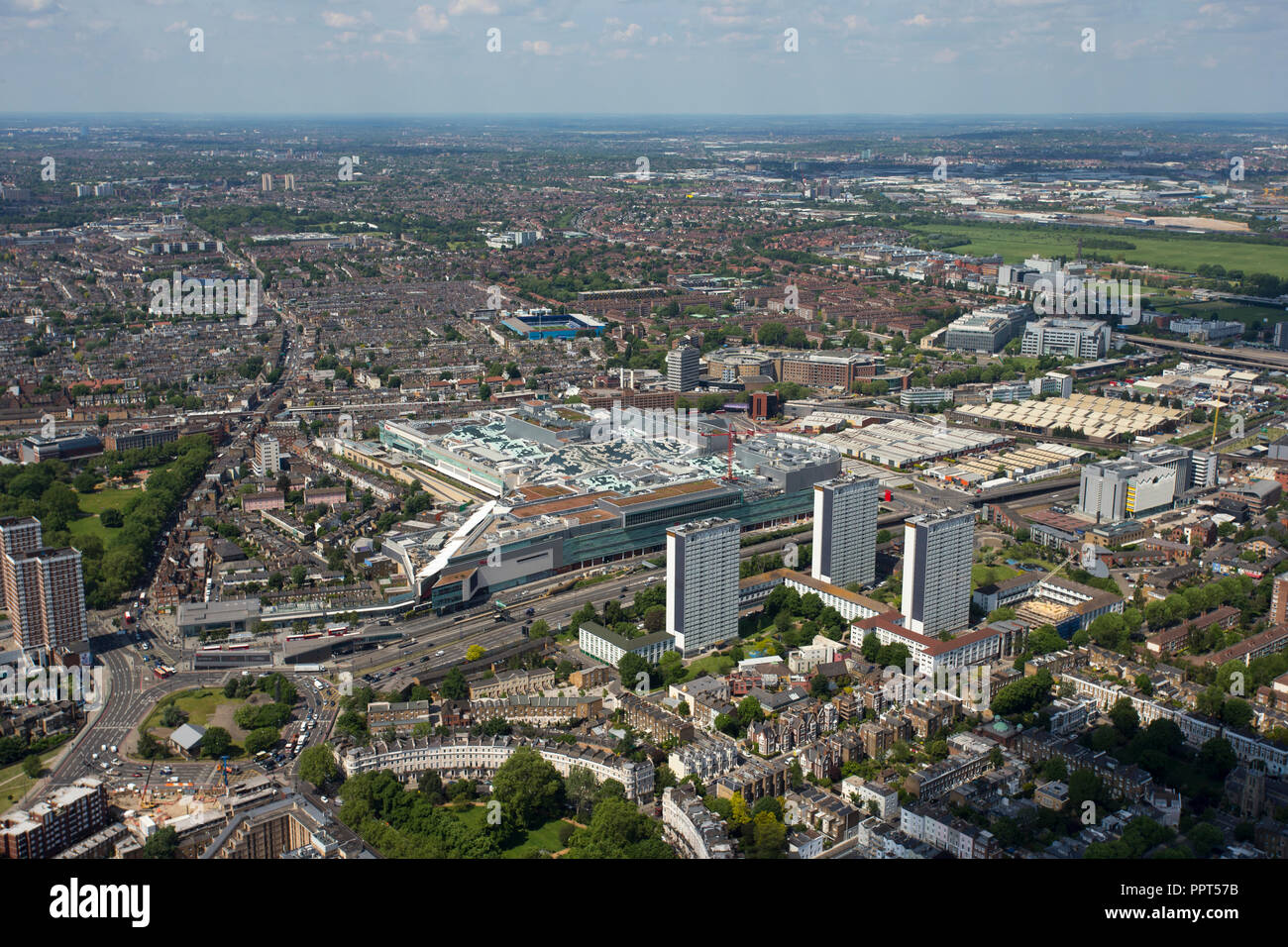 Aerial view Westfield Shopping centre, London Stock Photo