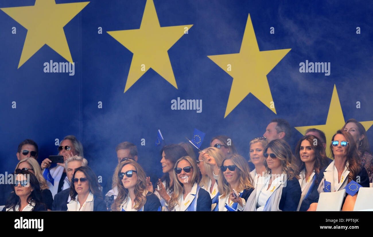 The European Team's wives and girlfriends including Rory McIlroy's wife Erica Stoll (centre) before the Ryder Cup Opening Ceremony at Le Golf National, Saint-Quentin-en-Yvelines, Paris. Stock Photo