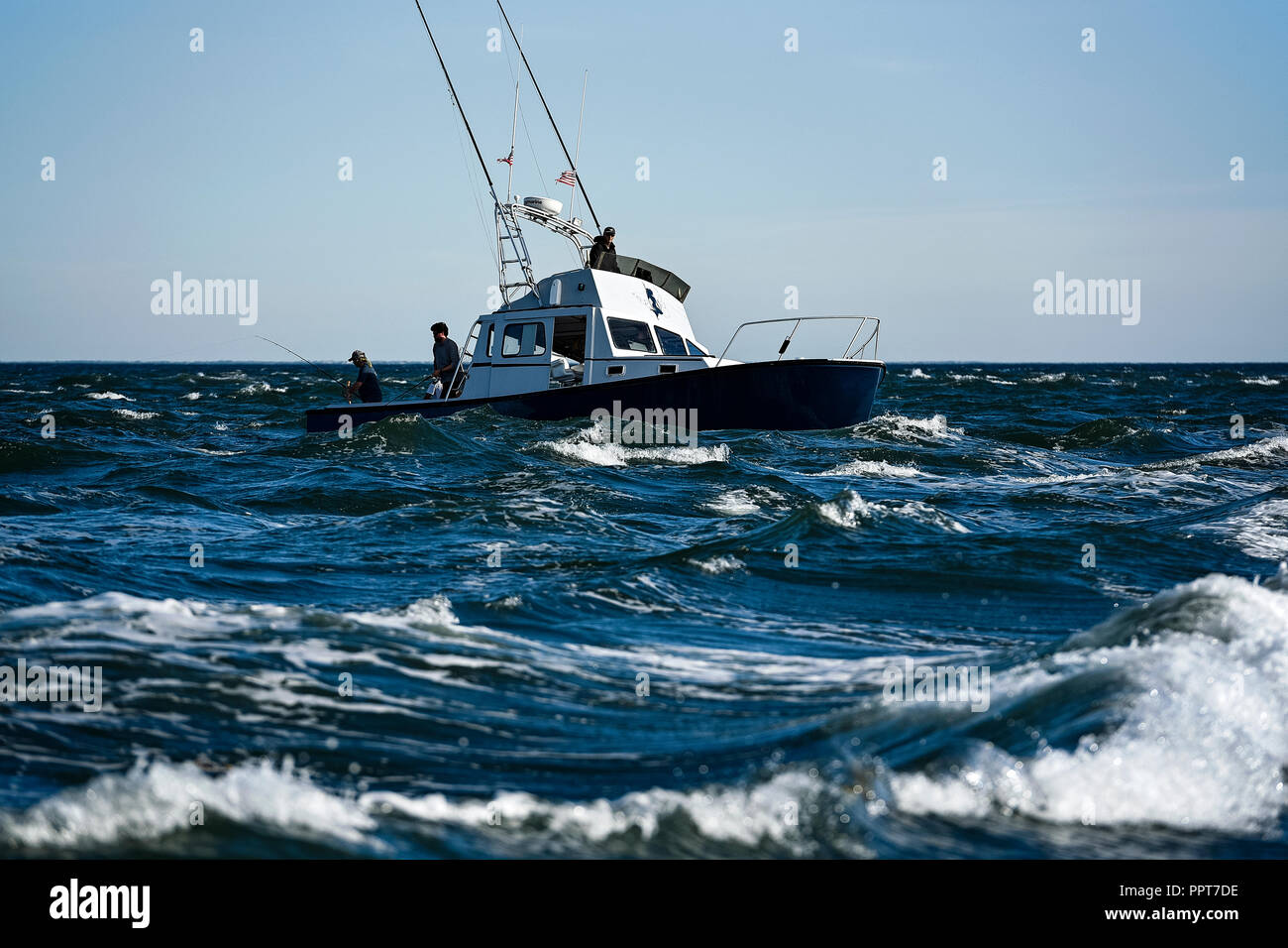 Charter fishing boat on rough sea, Cape Cod, Massachusetts, USA. Stock Photo
