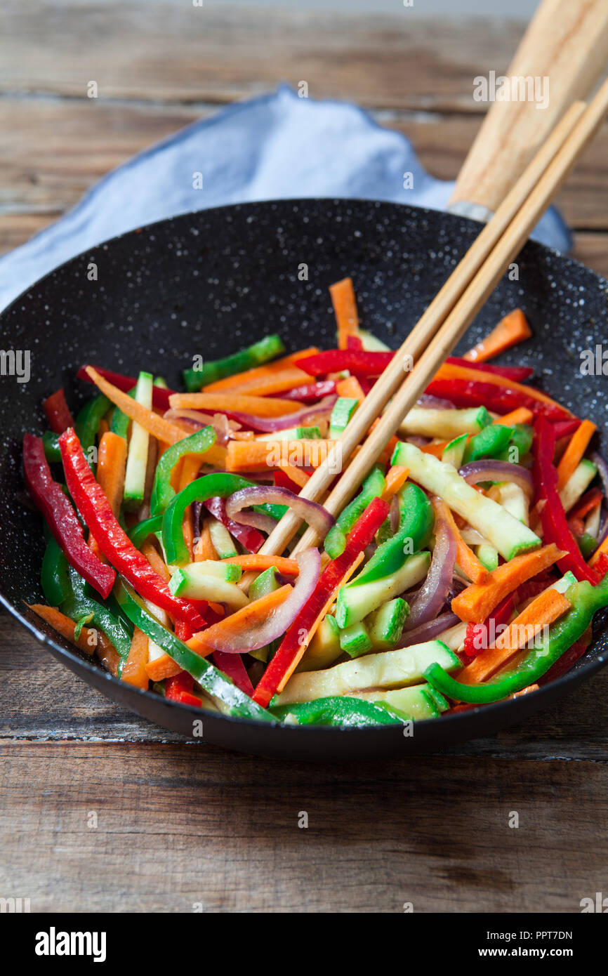 chicken and vegetables on wok with soya sauce Stock Photo - Alamy
