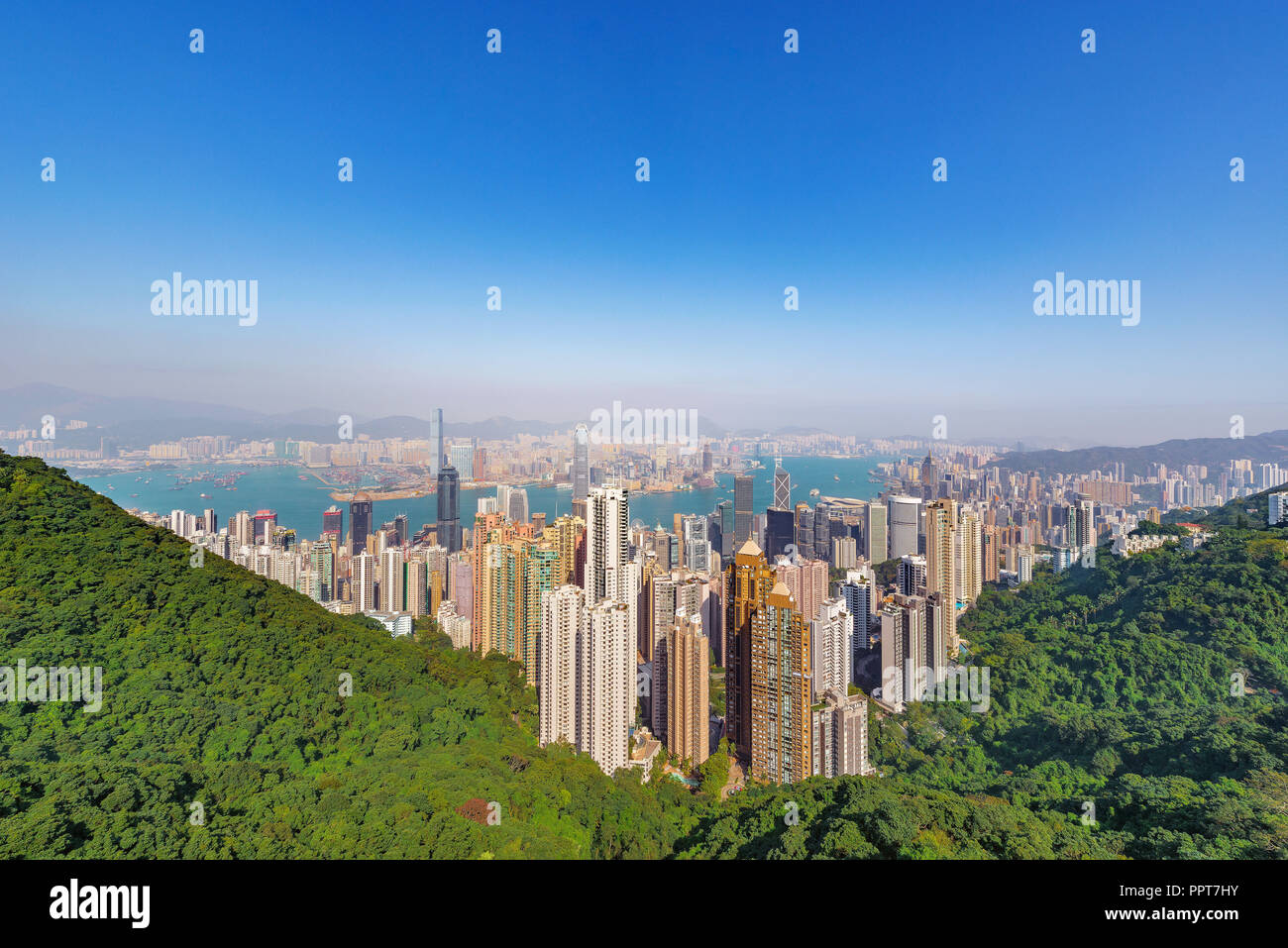 View of the downtown of Hong Kong from Victoria Peak. Stock Photo