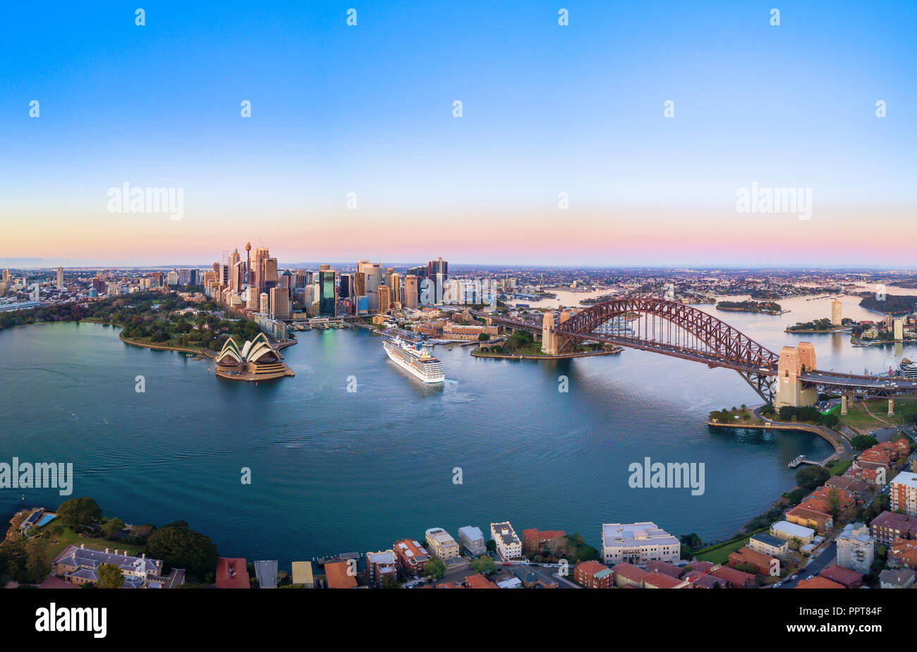 Aerial Panoramic View of Beautiful Sunrise at Sydney City Skyline Stock
