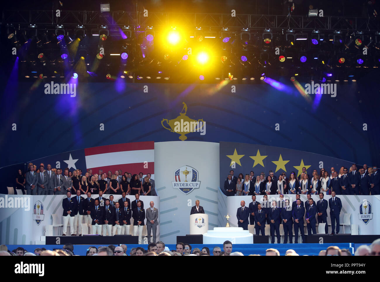 Team USA and Team Europe during the Ryder Cup Opening Ceremony at Le Golf National, Saint-Quentin-en-Yvelines, Paris. Stock Photo