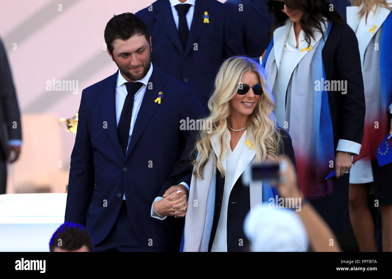 Jon Rahm and Kelley Cahill during the opening ceremony of the Ryder Cup at Le Golf National, Saint-Quentin-en-Yvelines, Paris Stock Photo