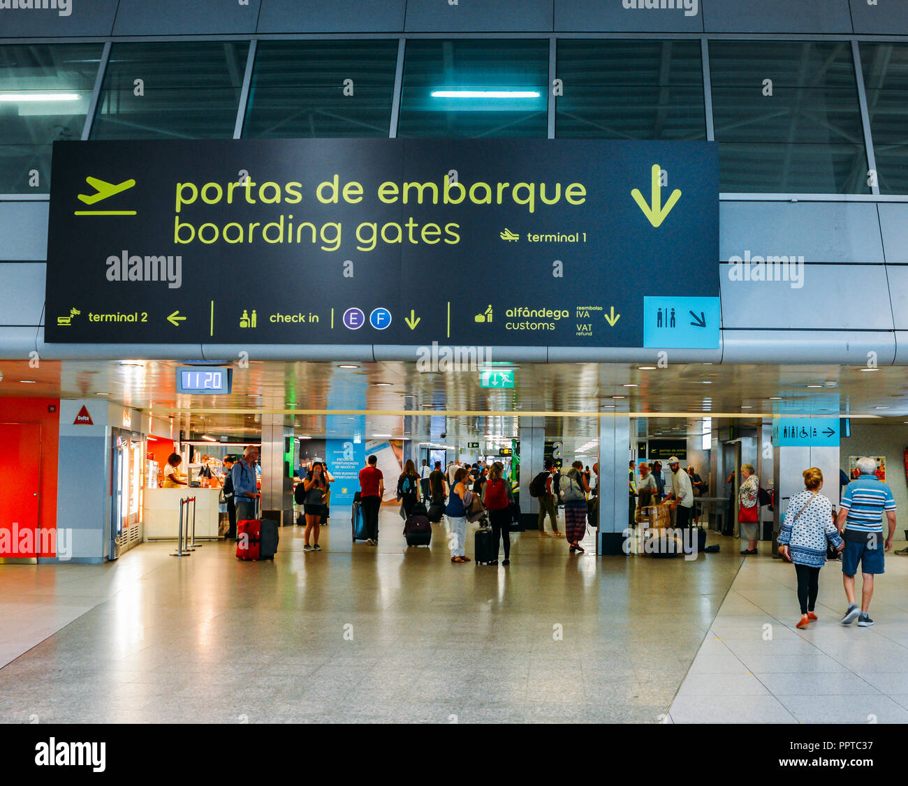 Lisbon, Portugal - Sept 26, 2018: Passsengers at departure Hall of Lisbon international airport, the largest in the country Stock Photo