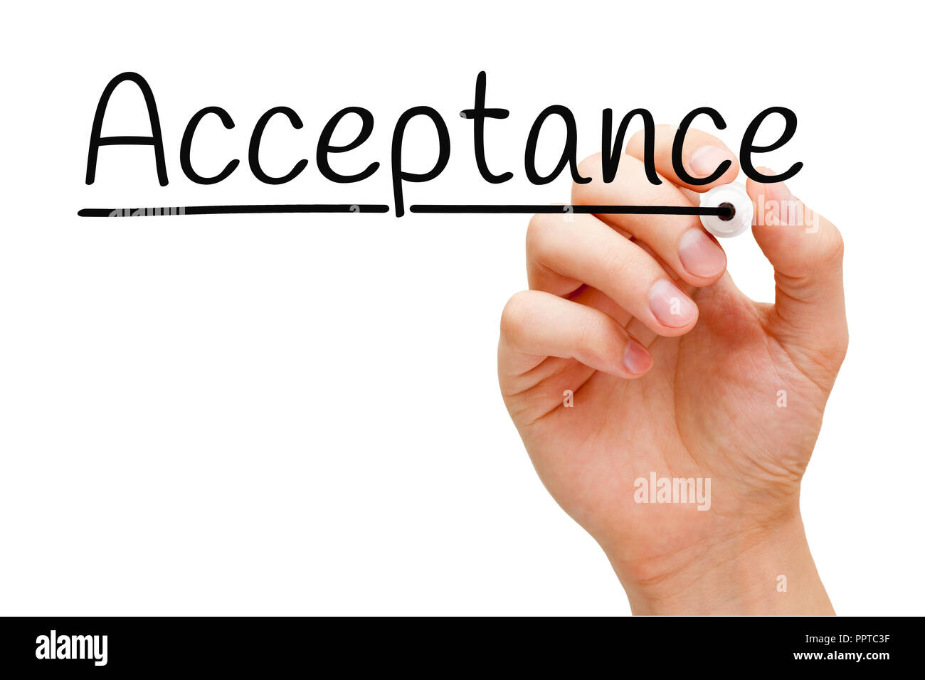 Hand writing Acceptance with black marker on transparent wipe board isolated on white. Stock Photo