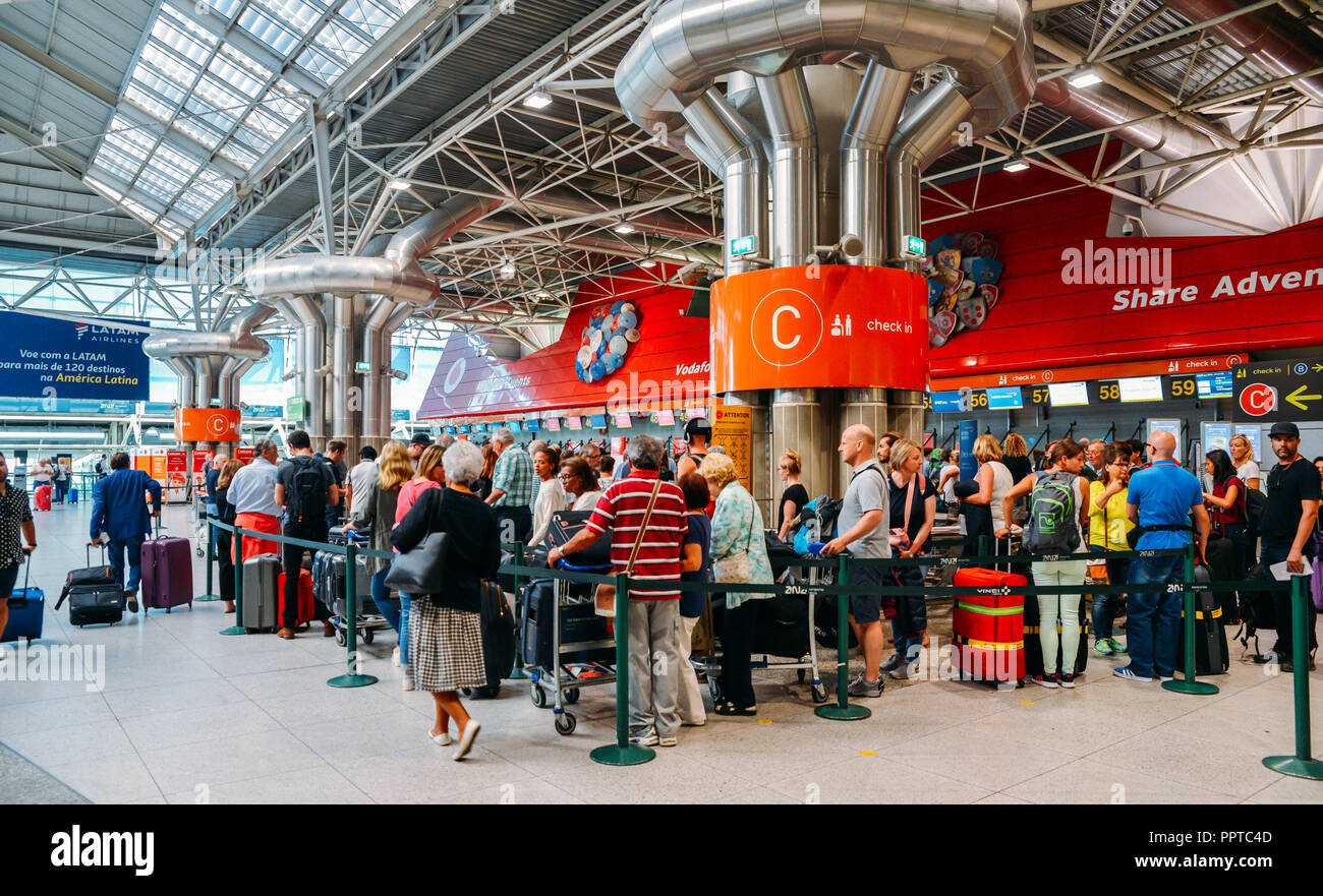 Lisbon, Portugal - Sept 26, 2018: Passsengers at departure Hall of Lisbon international airport, the largest in the country Stock Photo