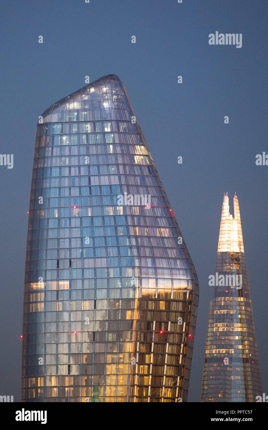 General view of the skyline of central London at sunset, showing One Blackfriars (left) and the Shard. Stock Photo