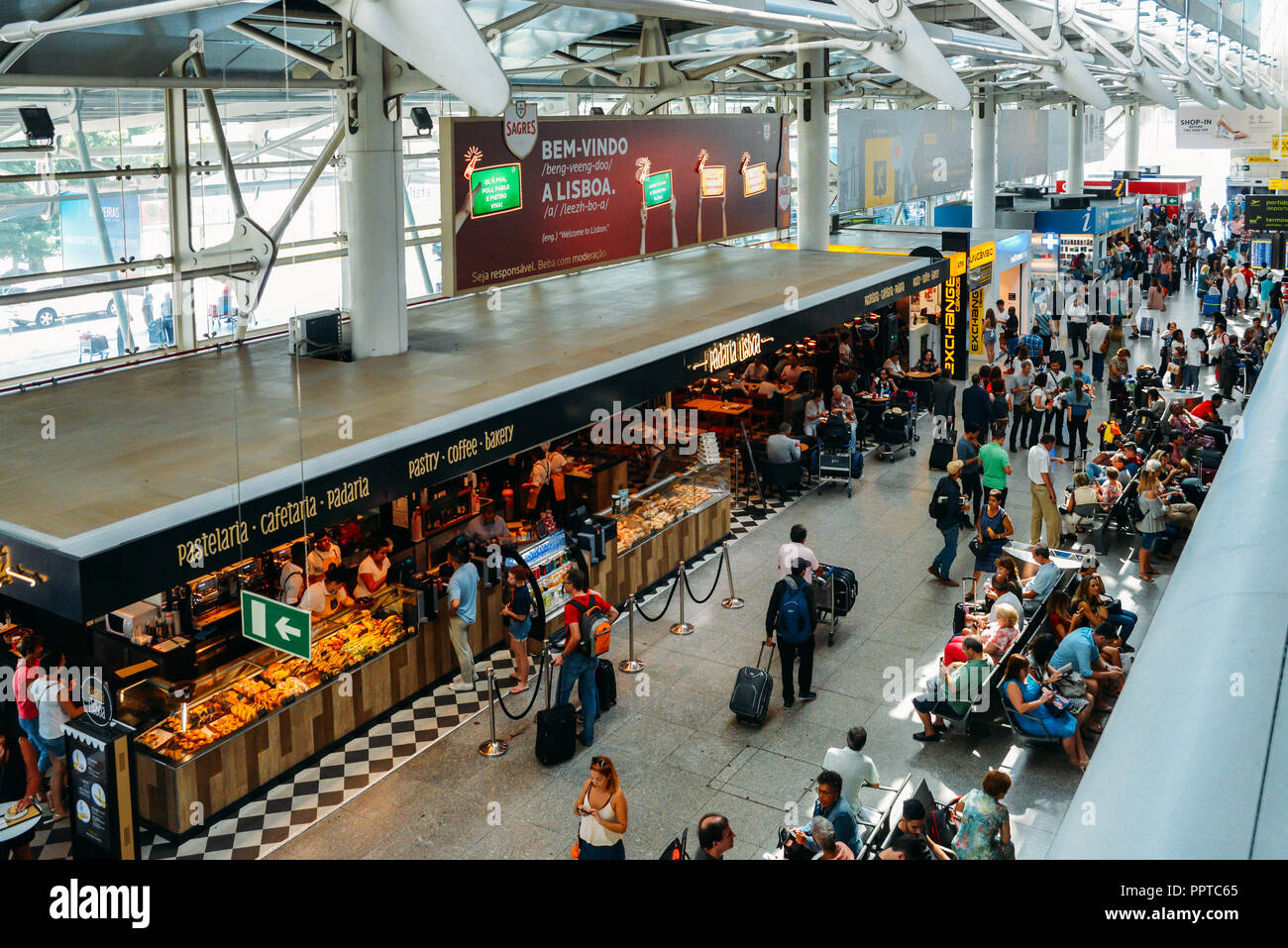 Lisbon, Portugal - Sept 26, 2018: Passsengers at departure Hall of Lisbon international airport, the largest in the country Stock Photo