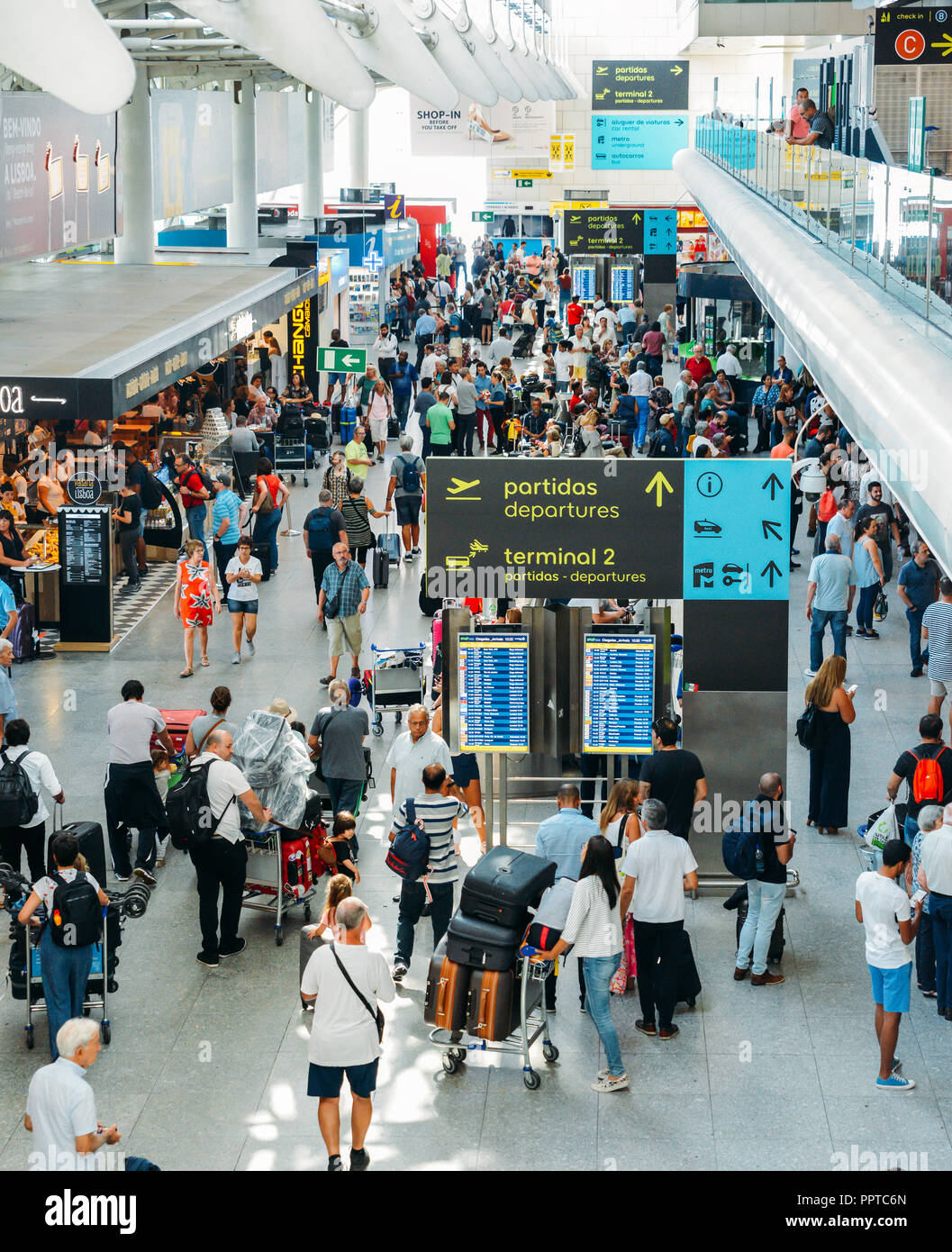 Lisbon, Portugal - Sept 26, 2018: Passsengers at departure Hall of Lisbon international airport, the largest in the country Stock Photo