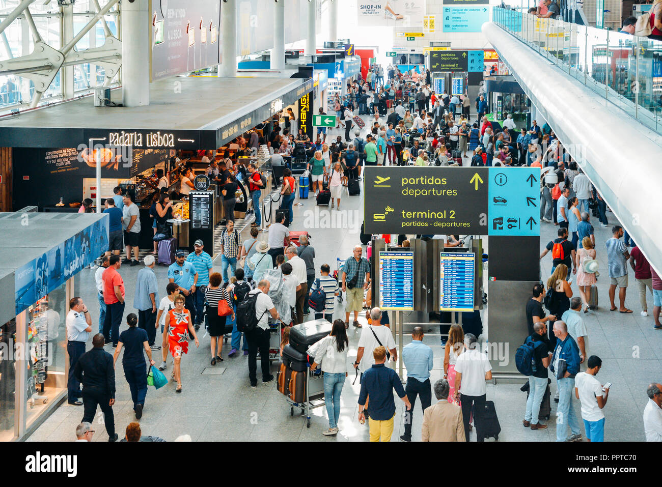 Lisbon, Portugal - Sept 26, 2018: Passsengers at departure Hall of Lisbon international airport, the largest in the country Stock Photo