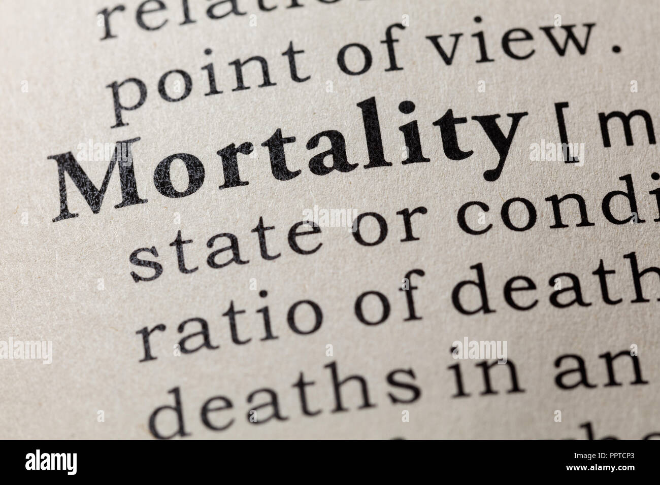 Fake Dictionary, Dictionary definition of the word mortality. including key descriptive words. Stock Photo