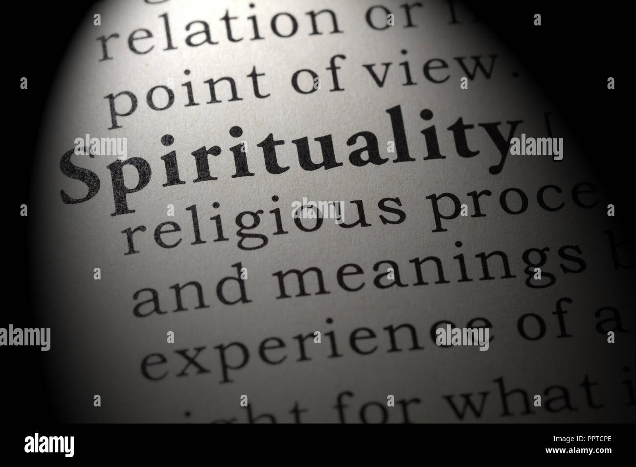Fake Dictionary, Dictionary definition of the word spirituality. including key descriptive words. Stock Photo