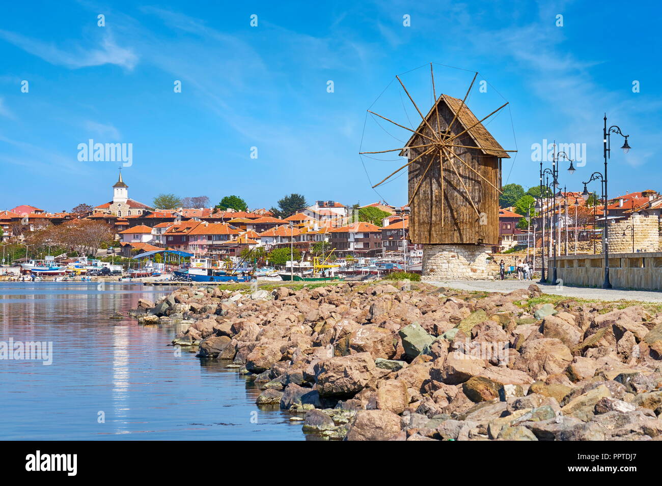 Wooden windmill, old town Nessebar, Bulgaria Stock Photo