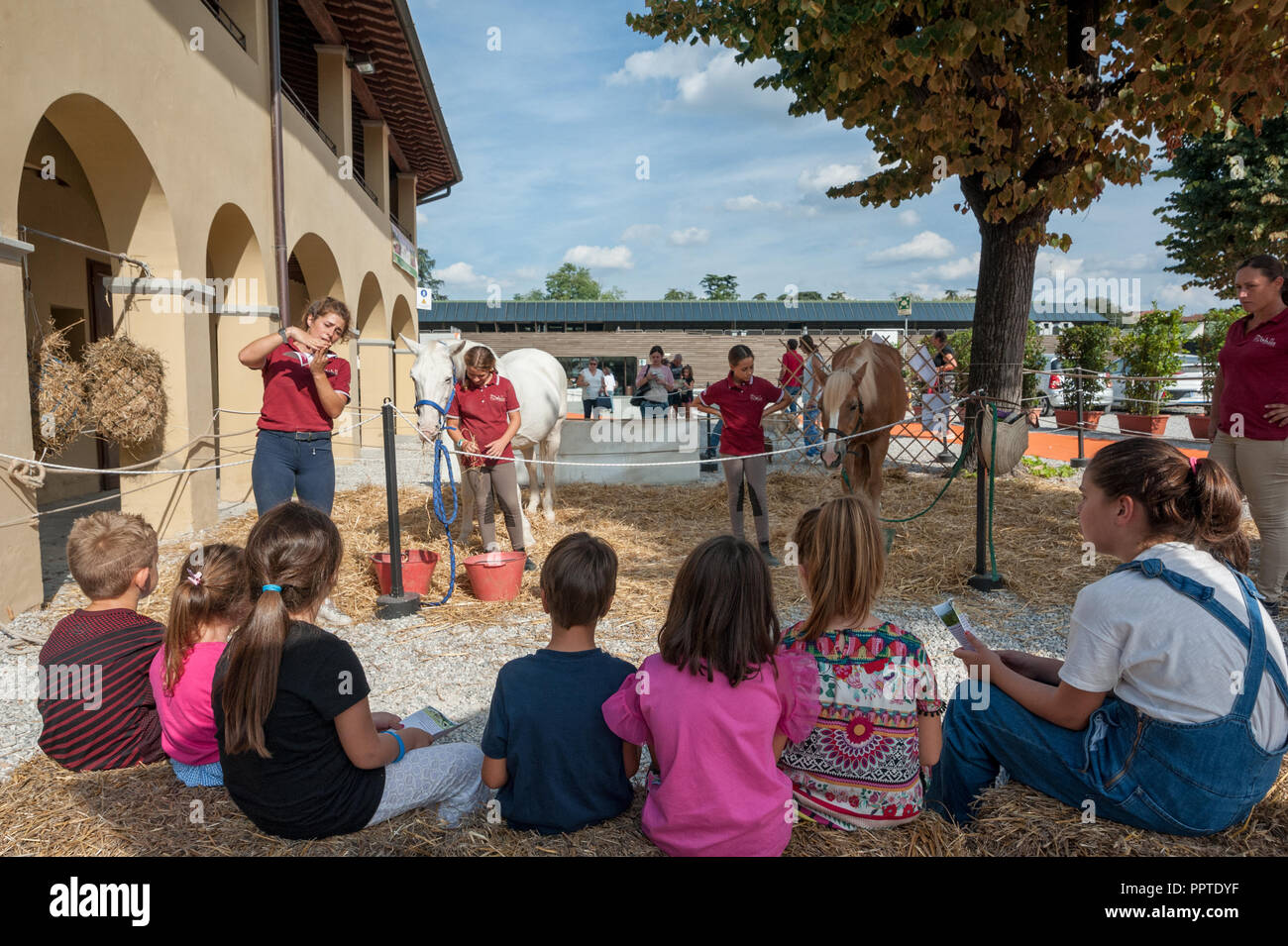 Florence, Italy - 2018, September 22: An audience of children during a workshop with horses and grooms, at “Follow Your Pet” 2018 expo. Stock Photo