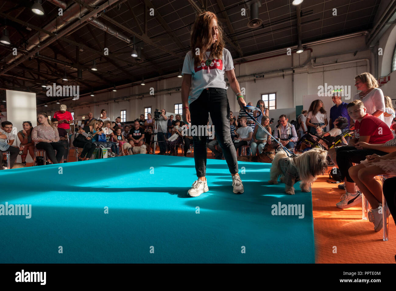 Florence, Italy - 2018, September 22: Pet’s runway show. Luxury haute couture for dogs on the catwalk, at “Follow Your Pet” 2018 expo. Stock Photo