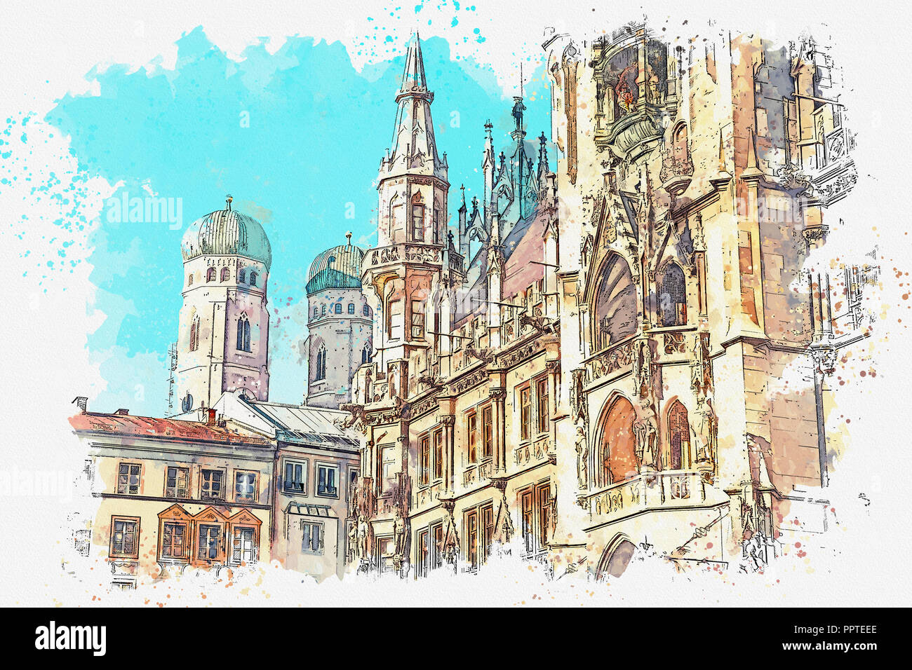 Traditional House Munich Watercolor Ink Sketch Stock Illustration -  Download Image Now - Watercolor Painting, City, City Life - iStock