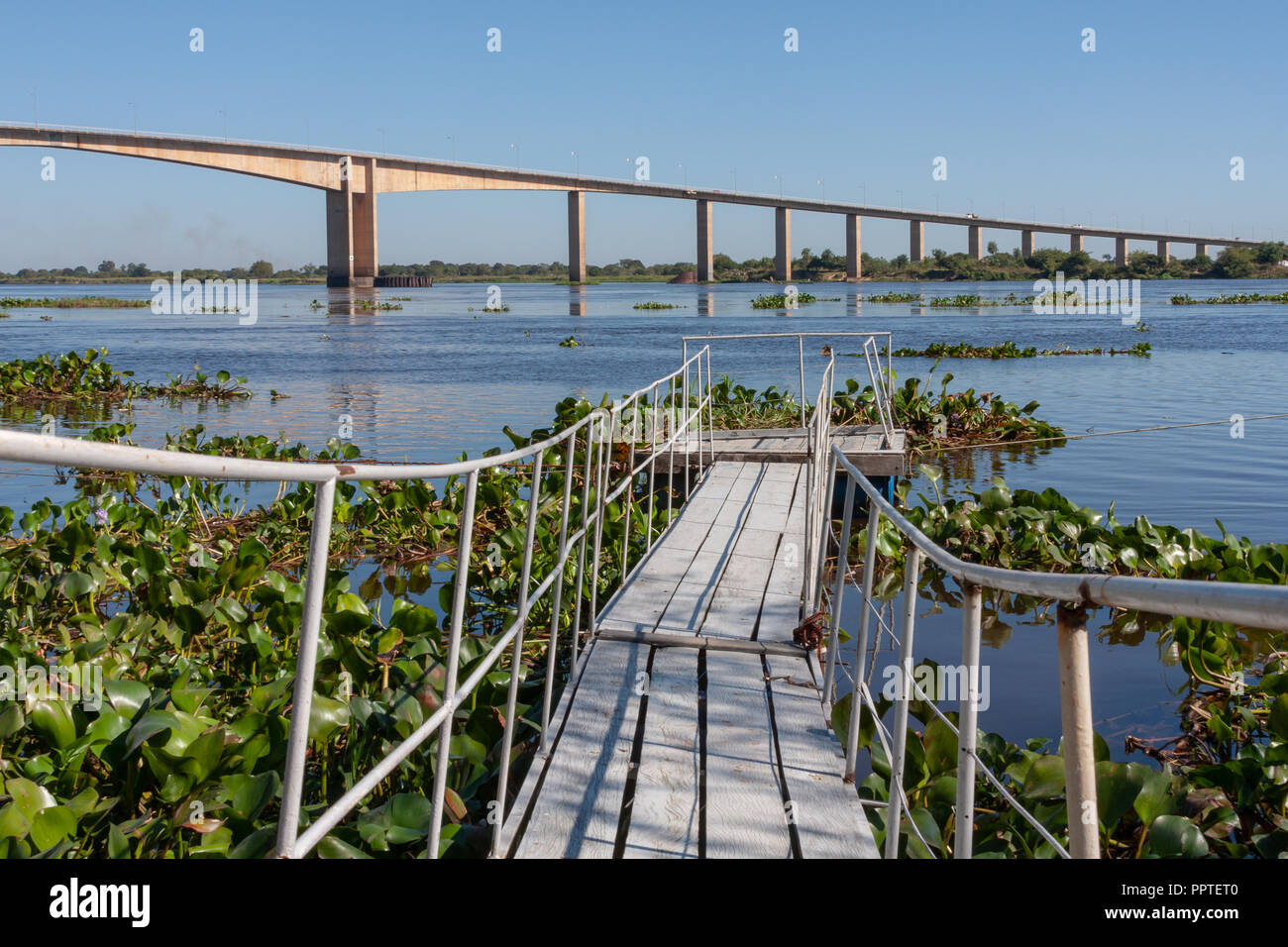 Rustic wooden footpath bridge over water, small dock pier, Rio (River) Paraguay, Puente (Bridge) Remanso Castillo on the background, M.R.A., Paraguay Stock Photo