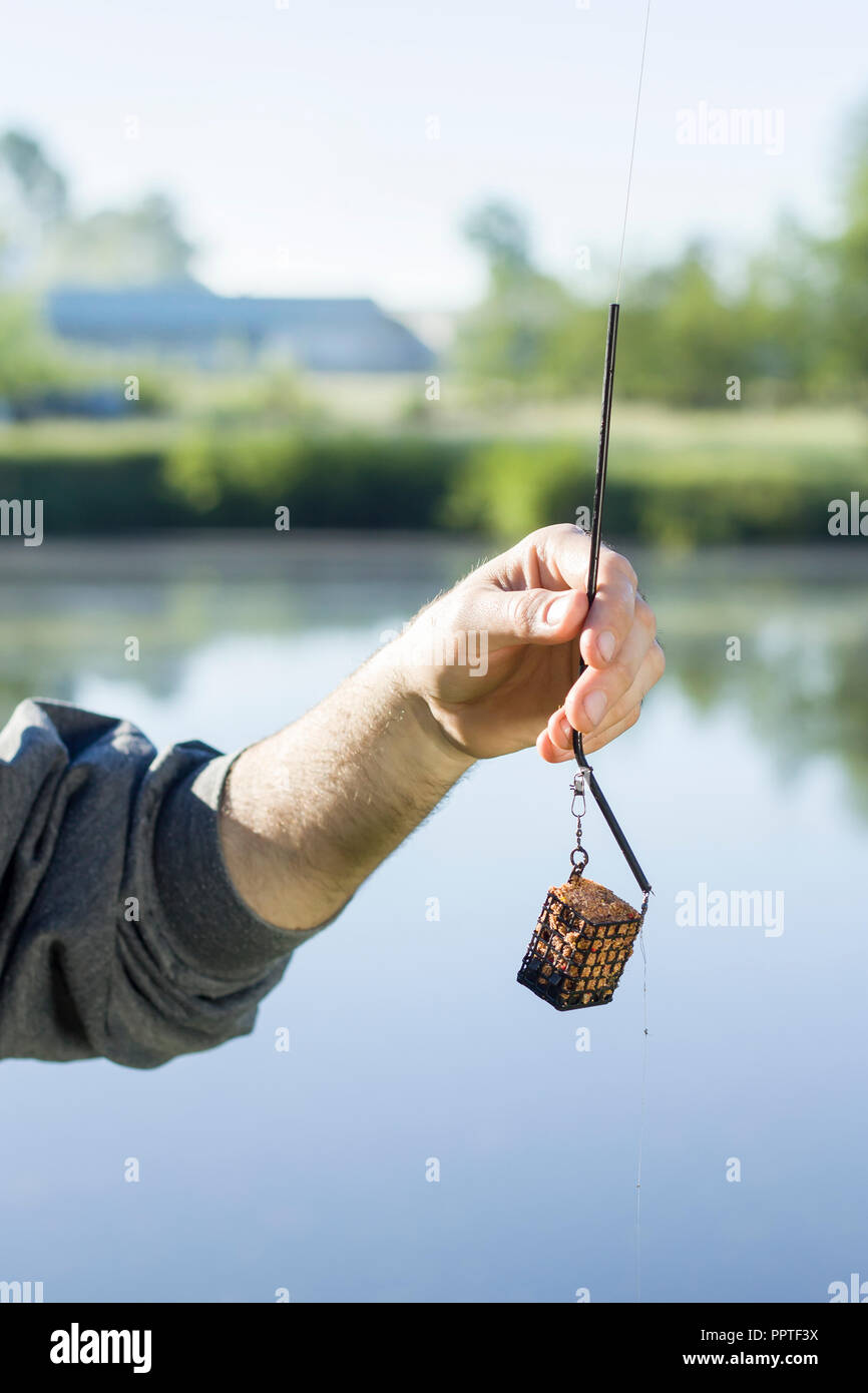 An angler's hand holds a groundbait box with a bait. Stock Photo