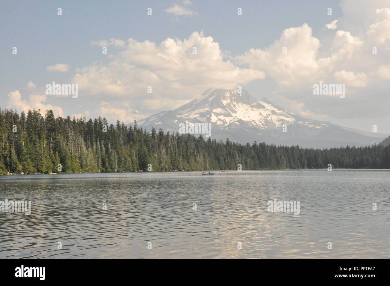 A view of Mt. Hood from the shore of Lost Lake Resort and Camp Ground in Mt. Hood National Park, located in Hood River, Oregon. Stock Photo