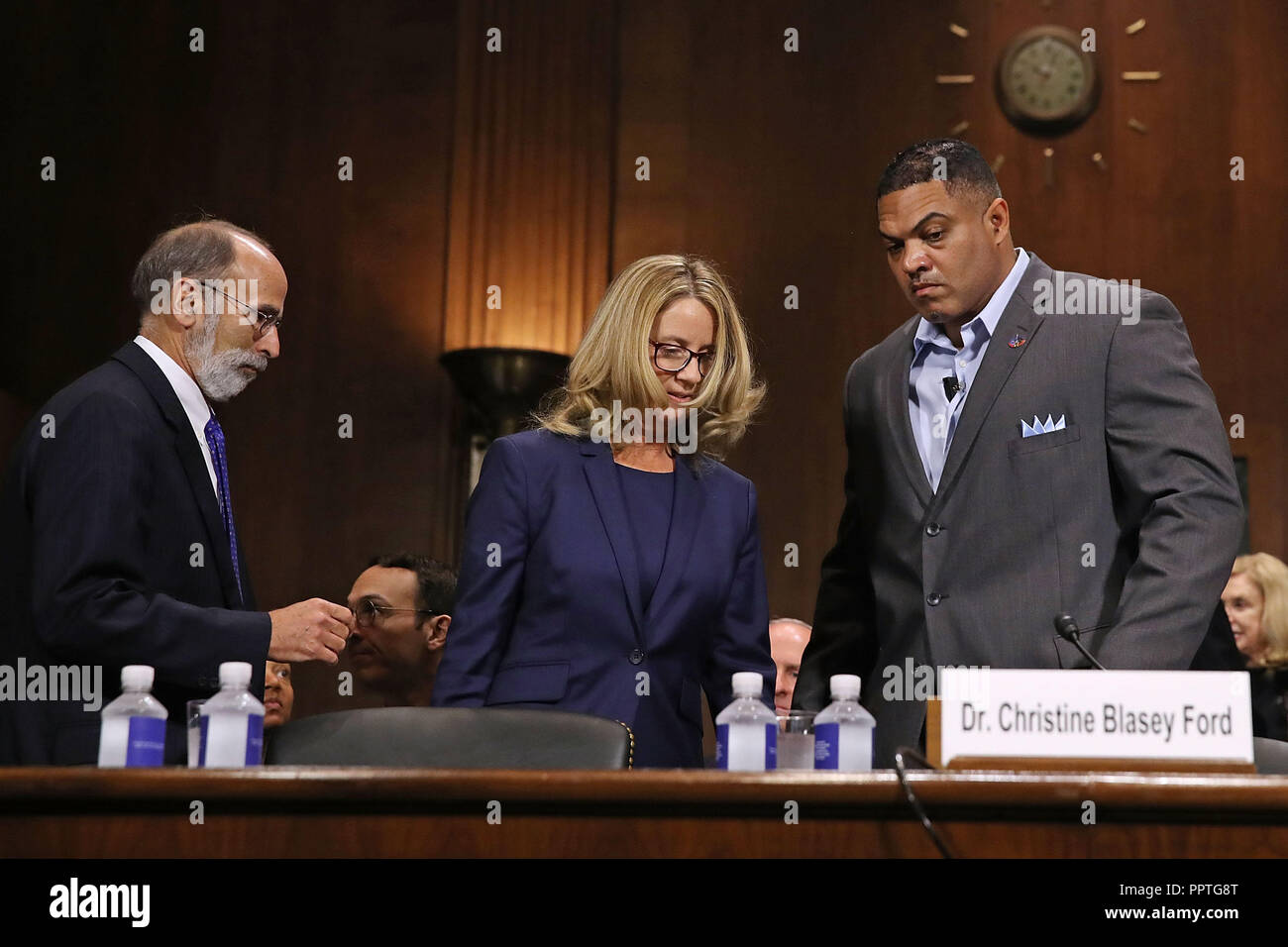 September 27, 2018 - Washington, DC, U.S. - WASHINGTON, DC - SEPTEMBER 27:  Christine Blasey Ford (C) arrives with her attorney Michael Bromwich (L) to testify before the Senate Judiciary Committee in the Dirksen Senate Office Building on Capitol Hill September 27, 2018 in Washington, DC. A professor at Palo Alto University and a research psychologist at the Stanford University School of Medicine, Ford has accused Supreme Court nominee Judge Brett Kavanaugh of sexually assaulting her during a party in 1982 when they were high school students in suburban Maryland.  (Photo by Win McNamee/Getty I Stock Photo