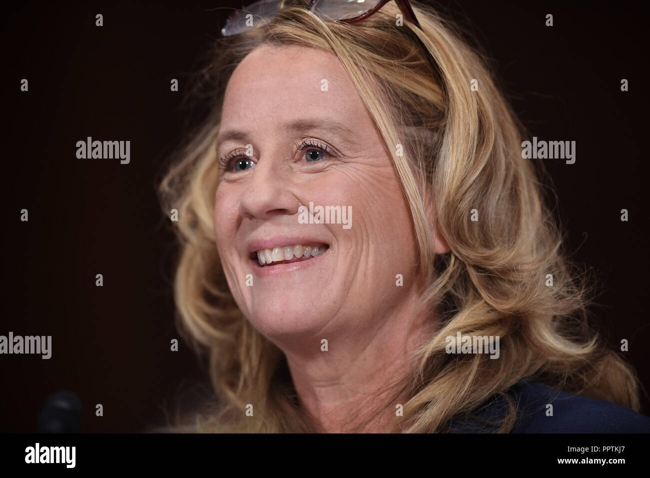 Christine Blasey Ford, the woman accusing Supreme Court nominee Brett Kavanaugh of sexually assaulting her at a party 36 years ago, testifies before the US Senate Judiciary Committee on Capitol Hill in Washington, DC, September 27, 2018. Credit: Pool via CNP/MediaPunch Stock Photo