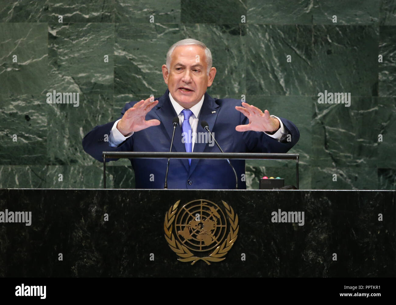 (180927) -- UNITED NATIONS, Sept. 27, 2018 (Xinhua) -- Israeli Prime Minister Benjamin Netanyahu addresses the General Debate of the 73rd session of the United Nations General Assembly at the UN headquarters in New York, on Sept. 27, 2018. (Xinhua/Qin Lang) Stock Photo