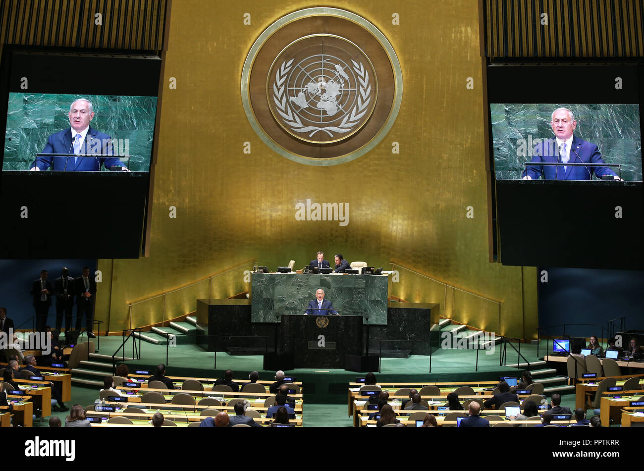 (180927) -- UNITED NATIONS, Sept. 27, 2018 (Xinhua) -- Israeli Prime Minister Benjamin Netanyahu addresses the General Debate of the 73rd session of the United Nations General Assembly at the UN headquarters in New York, on Sept. 27, 2018. (Xinhua/Qin Lang) Stock Photo