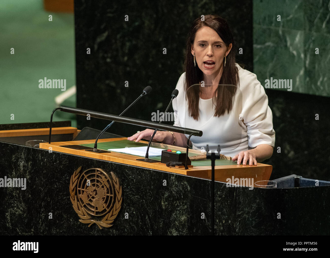 New York, USA, 27 September 2018. New Zealand Prime Minister Jacinda Ardern addresses the 73rd United Nations General Assembly at the UN headquarters in New York city. Photo by Enrique Shore Stock Photo