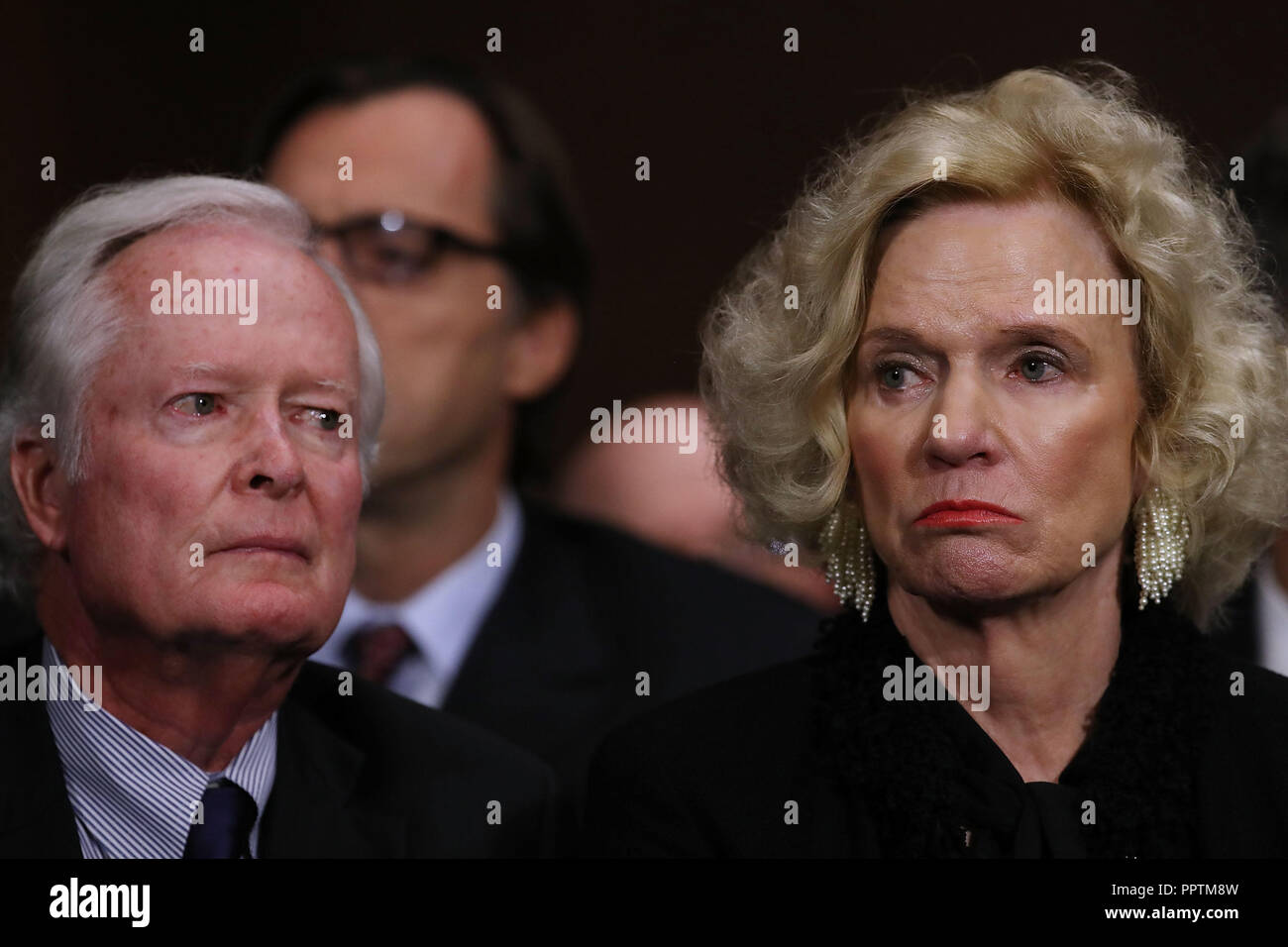 WASHINGTON, DC - SEPTEMBER 27:  Judge Brett Kavanaugh's parents, Everett and Martha Kavanaugh, listen to their son testify before the Senate Judiciary Committee during his Supreme Court confirmation hearing in the Dirksen Senate Office Building on Capitol Hill September 27, 2018 in Washington, DC. Kavanaugh was called back to testify about claims by Christine Blasey Ford, who has accused him of sexually assaulting her during a party in 1982 when they were high school students in suburban Maryland.  (Photo by Win McNamee/Getty Images) | usage worldwide Stock Photo