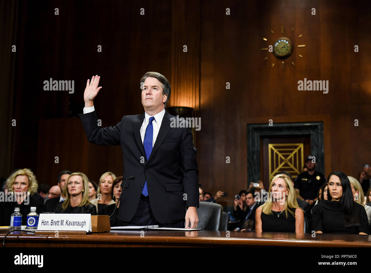 Capitol Hill. 27th Sep, 2018. WASHINGTON, DC - SEPTEMBER 27: Judge Brett M. Kavanaugh swears in at a Senate Judiciary Committee hearing on Thursday, September 27, 2018 on Capitol Hill. (Matt McClain/Pool/The Washington Post) | usage worldwide Credit: dpa/Alamy Live News Stock Photo
