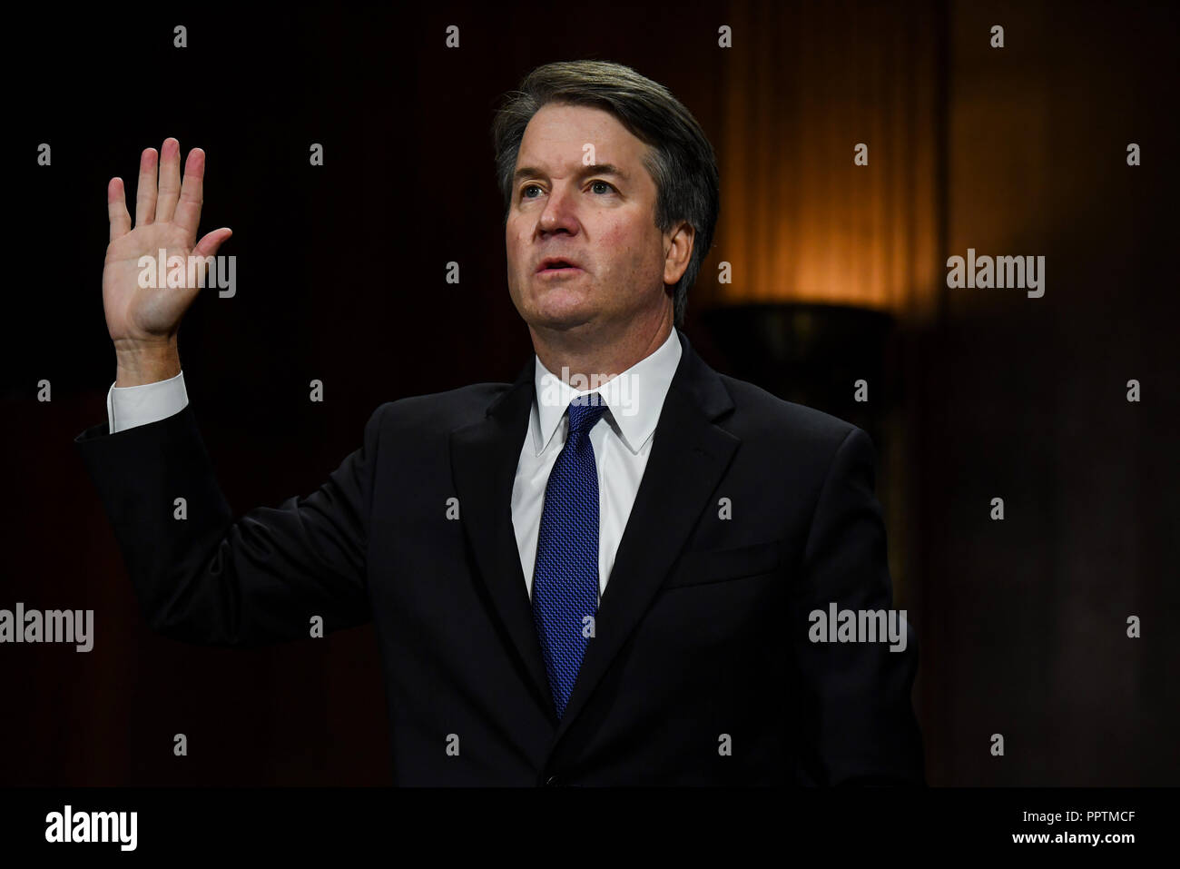 Capitol Hill. 27th Sep, 2018. WASHINGTON, DC - SEPTEMBER 27: Judge Brett M. Kavanaugh swears in at a Senate Judiciary Committee hearing on Thursday, September 27, 2018 on Capitol Hill. (Matt McClain/Pool/The Washington Post) | usage worldwide Credit: dpa/Alamy Live News Stock Photo