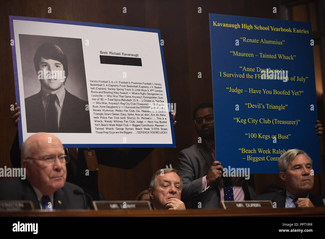 Washington, USA. 27th Sep, 2018. Extracts of his high school yearbook are displayed as Supreme Court nominee Brett Kavanaugh testifies before the US Senate Judiciary Committee on Capitol Hill in Washington, DC, September 27, 2018. Credit: Pool/CNP/AdMedia/Newscom/Alamy Live News Credit: Newscom/Alamy Live News Stock Photo