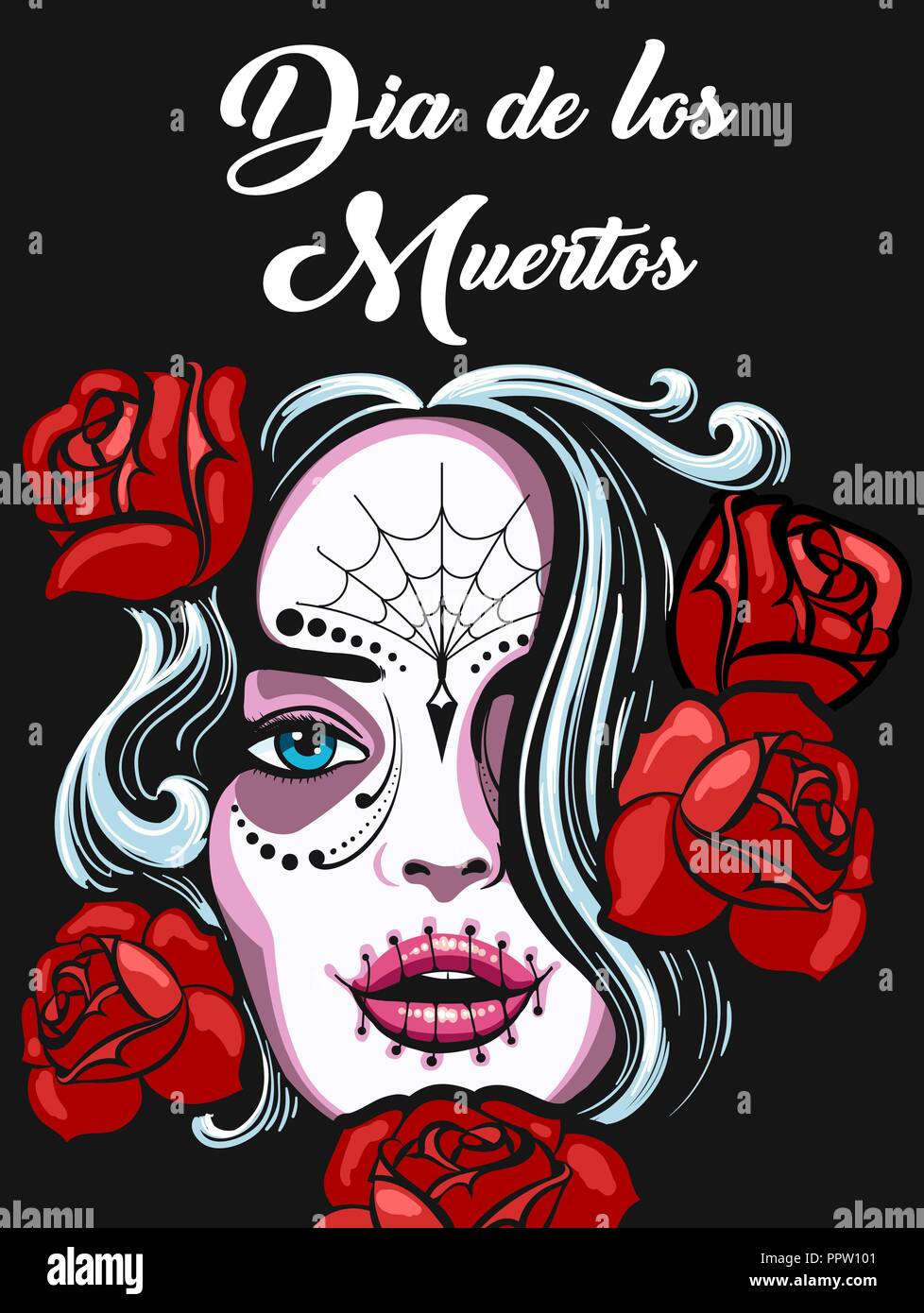Female face with dead skull make, rose flowers and spanish wording Dia de los Muertos what means Day of the Dead. Mexican Holiday poster design. Vecto Stock Vector