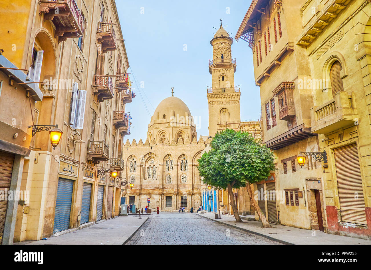 CAIRO, EGYPT - 23 DECEMBER 2017: The historical Al-Qalawun Complex with beautiful carved dome and minaret, on December 23 in Cairo Stock Photo