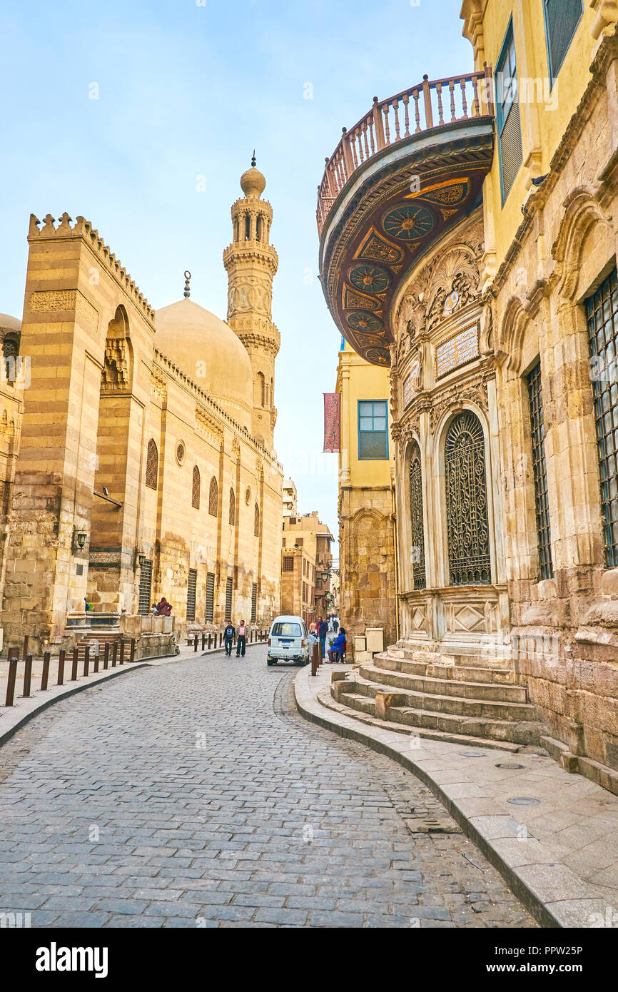 CAIRO, EGYPT - DECEMBER 23, 2017: The El-Muizz street is the main tourist street in Islamic Cairo with main landmarks on it, on December 23 in Cairo Stock Photo