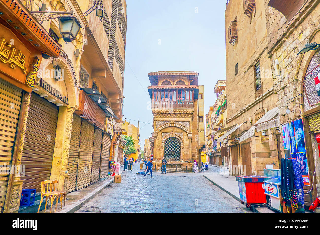 CAIRO, EGYPT - DECEMBER 23, 2017: The beautiful medieval Sabil-Kuttab of Katkhuda building faces the Al-Muizz Street, on December 23 in Cairo Stock Photo