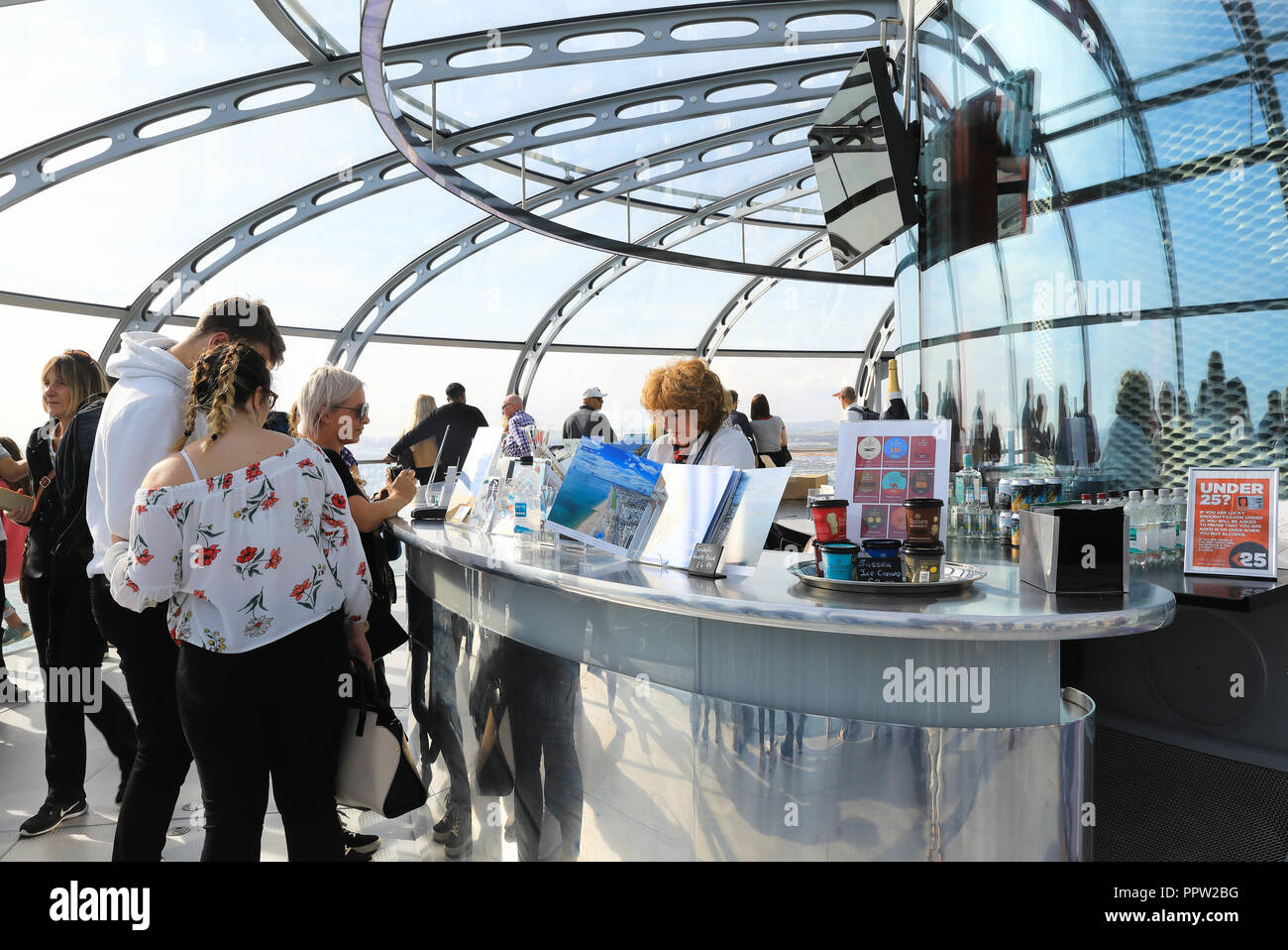 The glass viewing pod on the 162 metre observation tower that is the Brighton i360, on the seafront, in East Sussex, in the UK Stock Photo