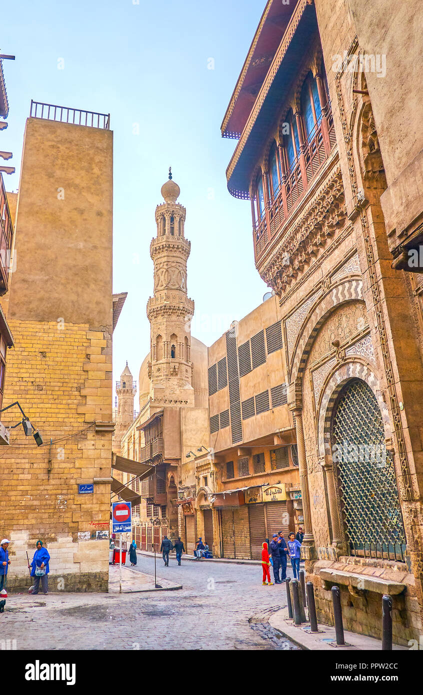 CAIRO, EGYPT - DECEMBER 23, 2017: The morning is the best time to walk along empty and calm Al-Muizz street, enjoying beautiful medieval architecture  Stock Photo