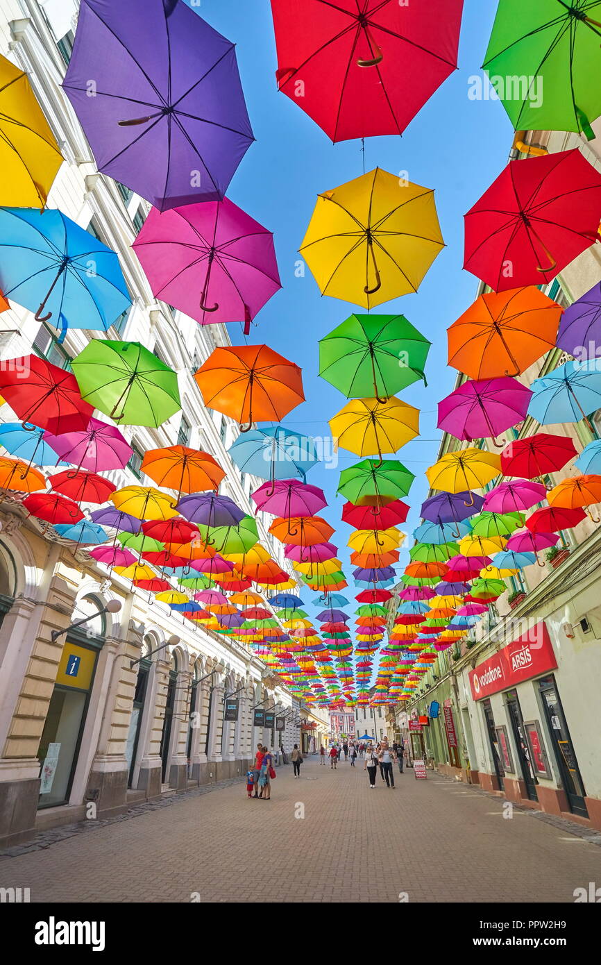 City street with colored umbrellas decoration, Timisoara, Romania Stock Photo